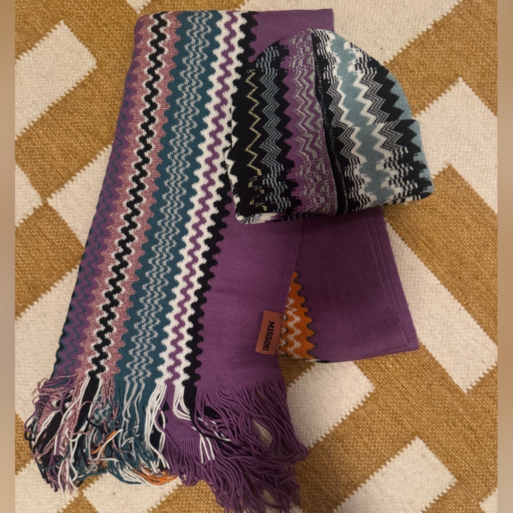Missoni Black and Purple Zigzag Knit Scarf and Hat
